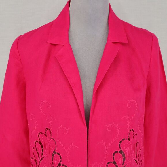 Chicos Jacket 0 Womens 4 Small Linen Pink Embroidered Cut Outs Open Lightweight - Picture 7 of 16